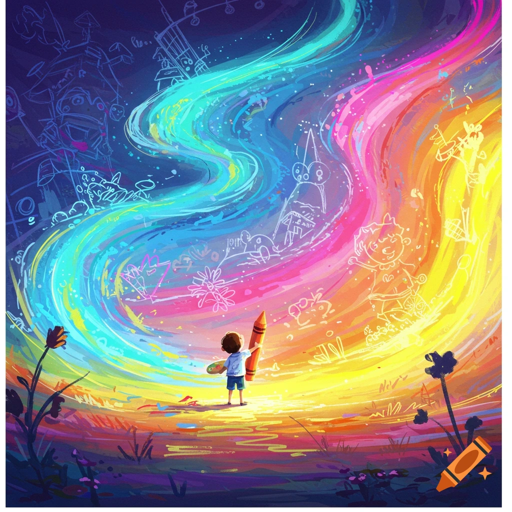 A small child holds a giant orange crayon, creating a vibrant rainbow-colored swirl across the sky filled with childlike white line drawings.