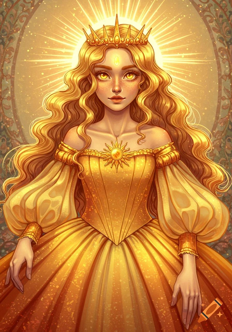 Digital art portrait of a radiant golden-haired princess with golden eyes, wearing a sun-inspired crown and a shimmering gold gown.