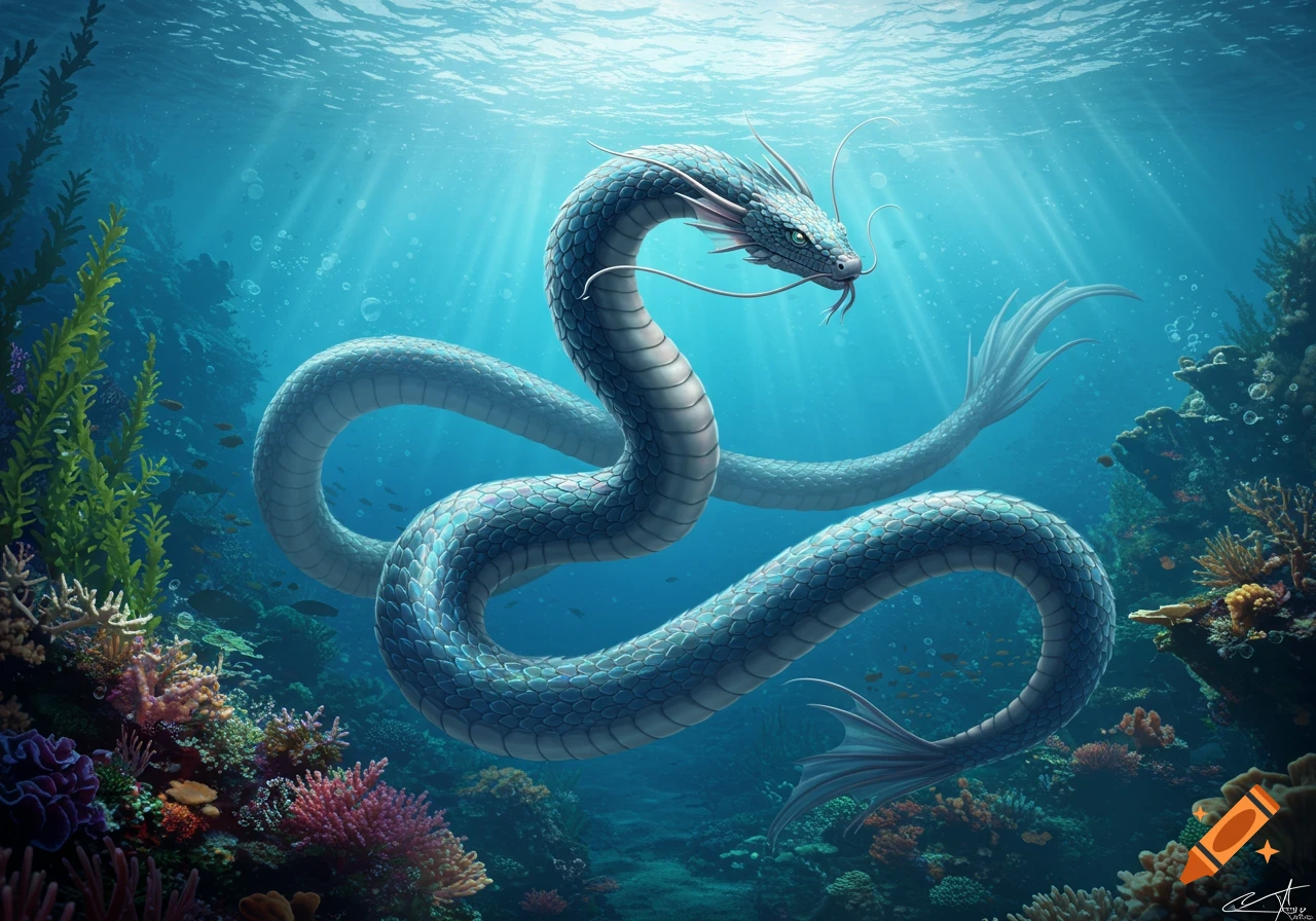 A majestic, blue-green sea serpent coils through a vibrant coral reef, illuminated by sunbeams filtering through the clear ocean water.