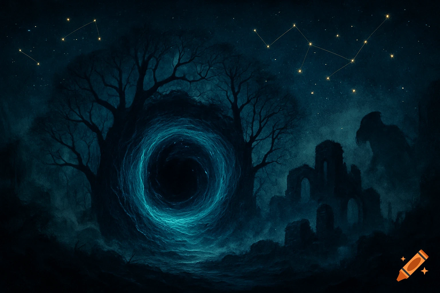 A dark fantasy landscape with a swirling blue vortex, bare trees, ancient ruins, and constellations in a starry night sky.