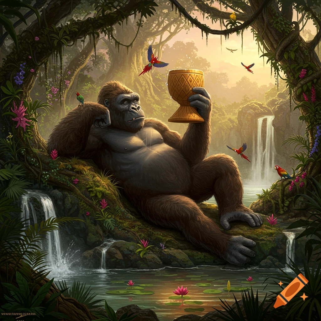 A majestic gorilla reclines on a mossy bank in a lush jungle, holding a golden goblet, with waterfalls and colorful birds in the background at sunset.