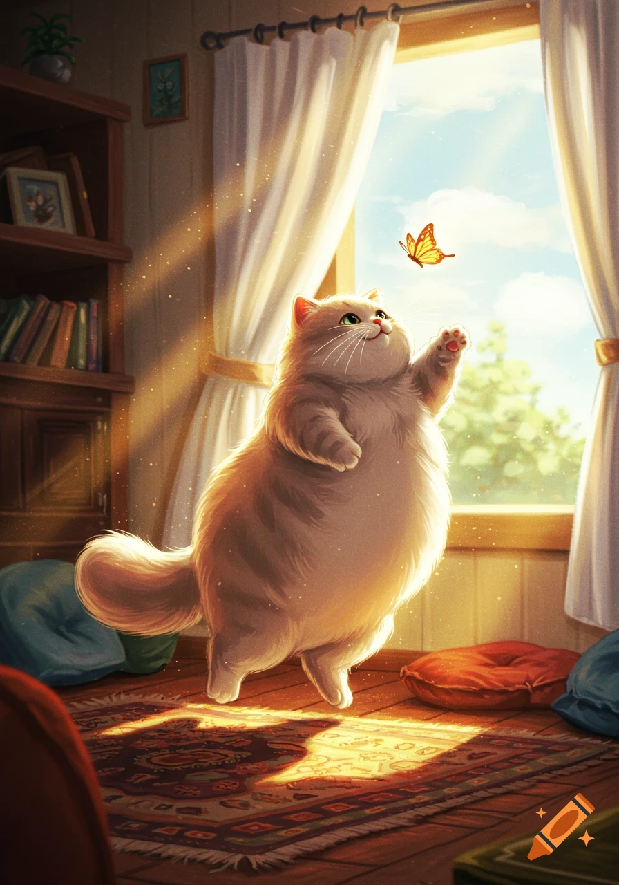 Fluffy cat with green eyes reaching for a butterfly by a sunny window in a cozy room, stylized illustration.