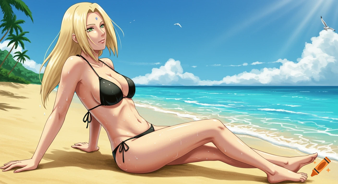 Anime character Tsunade in a black bikini poses on a sunny beach with blue ocean and palm trees.