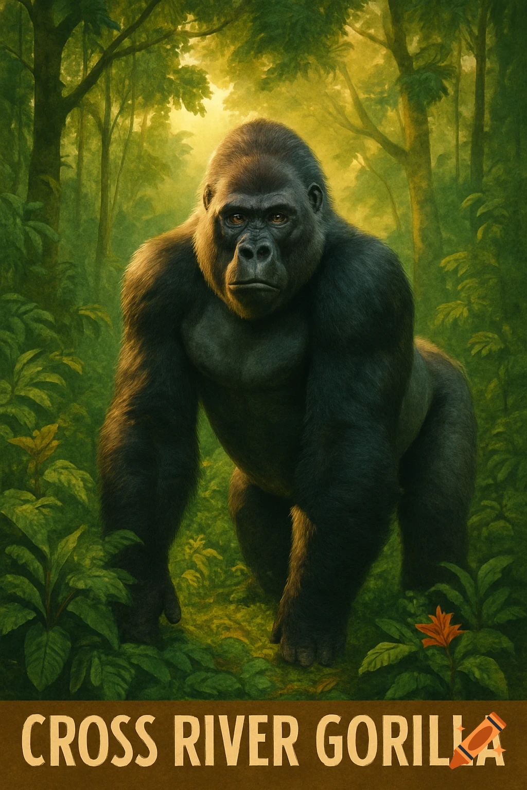 A powerful Cross River Gorilla stands in a lush, green jungle. Text 'CROSS RIVER GORILLA' is at the bottom.
