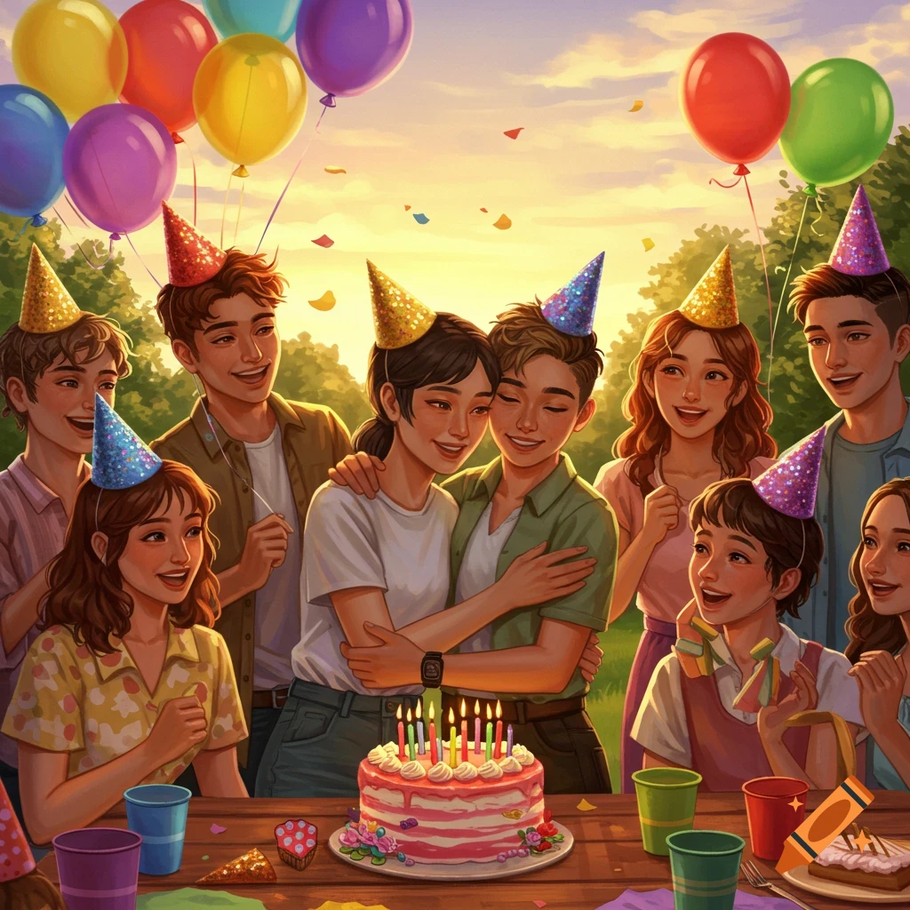 Illustrated scene of a diverse group celebrating a birthday outdoors at sunset, with a cake, balloons, and confetti. Two women embrace at the center.