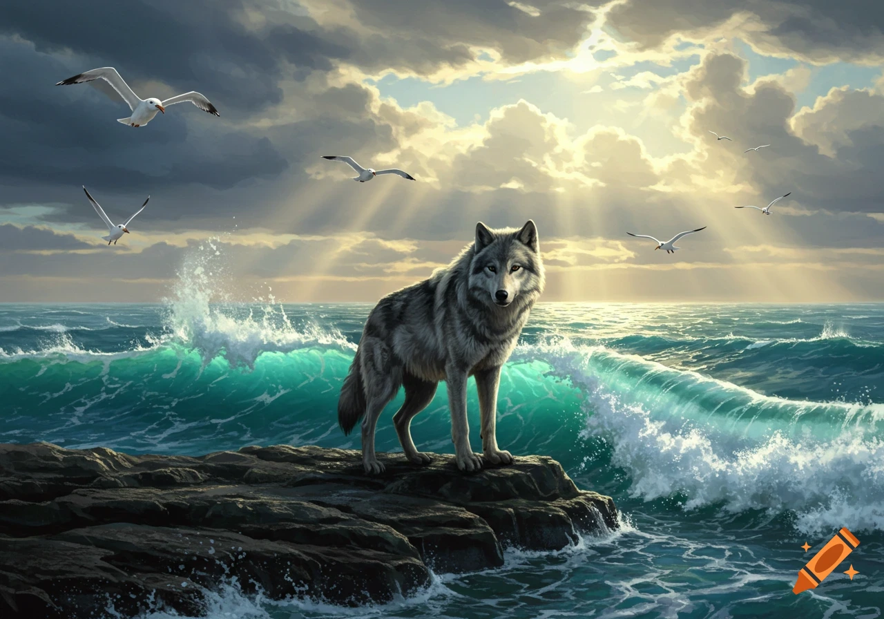 A gray wolf stands on dark rocks by a turquoise ocean with crashing waves under a dramatic sky with sun rays and flying seagulls.