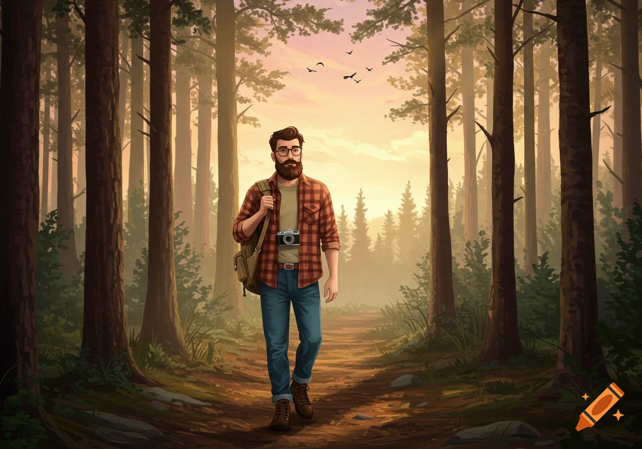 Illustrated man with a beard and glasses, wearing a plaid shirt and backpack, walking on a forest path at sunset.