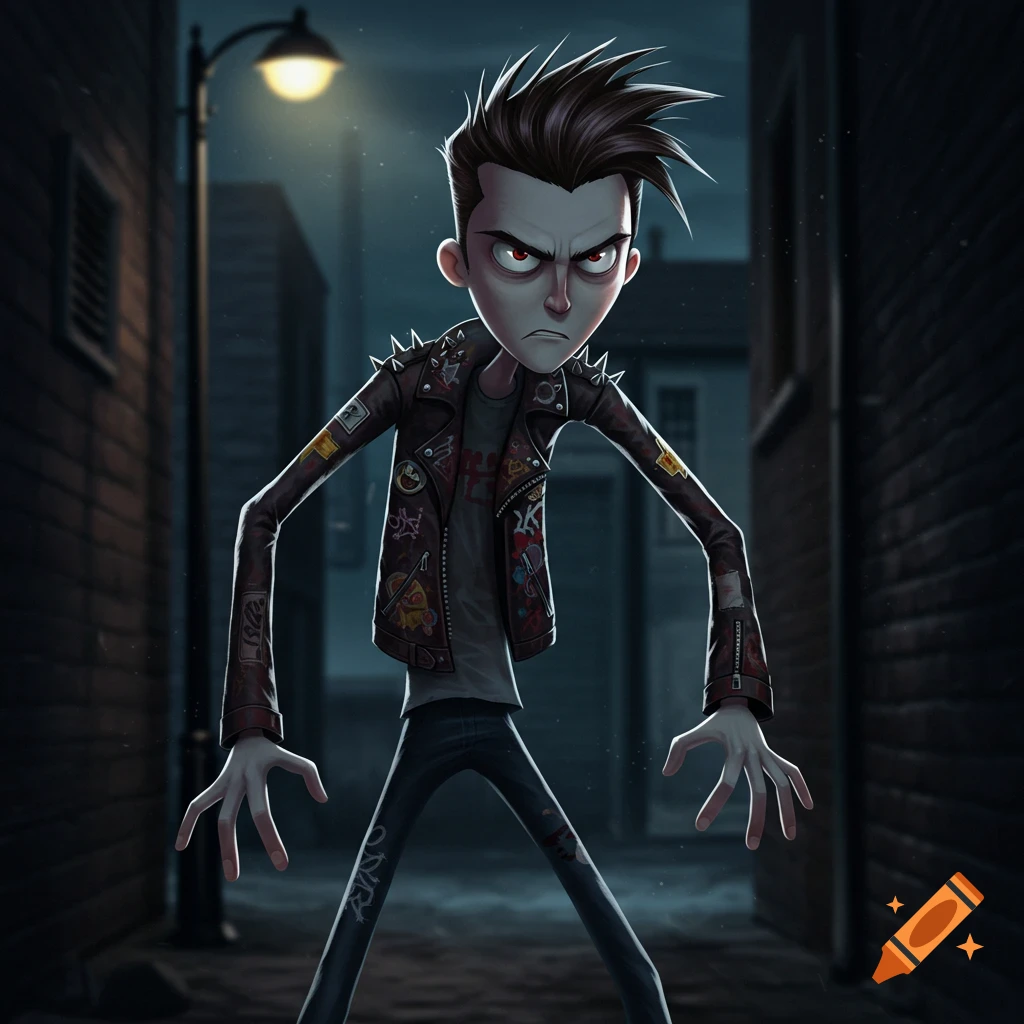 A stylized, cartoonish punk character with spiky hair, red eyes, and a studded leather jacket stands menacingly in a dark alley at night.