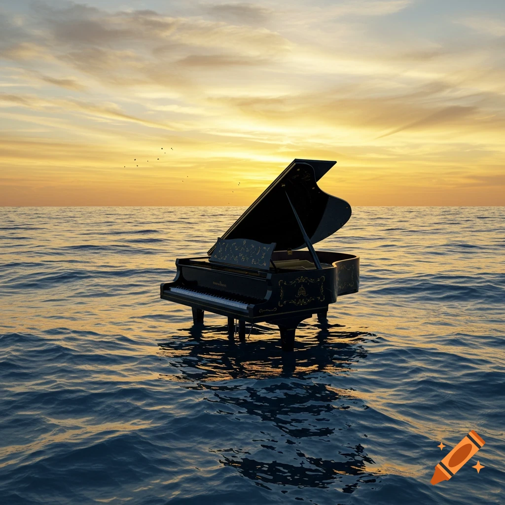 A black grand piano stands in the middle of a calm ocean, reflecting the warm orange and yellow hues of a beautiful sunset sky.
