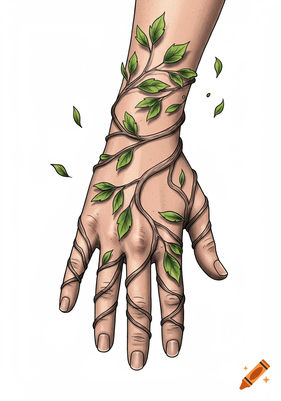 Illustration of a human hand and forearm wrapped in green leafy vines.