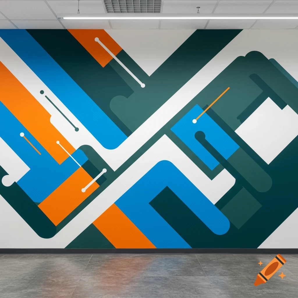 Modern abstract wall mural with geometric shapes in blue, orange, white, and dark green in an office setting.