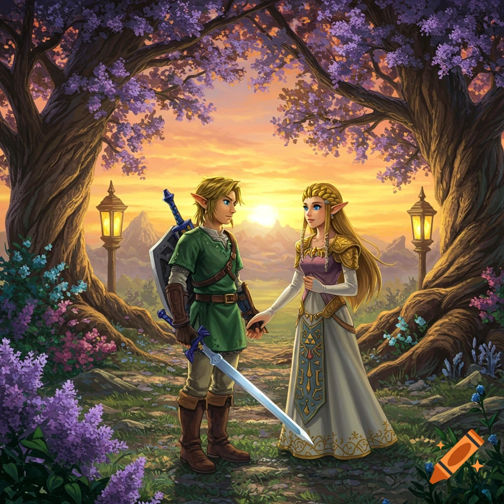Link and Zelda hold hands under flowering trees at sunset in a vibrant fantasy illustration.