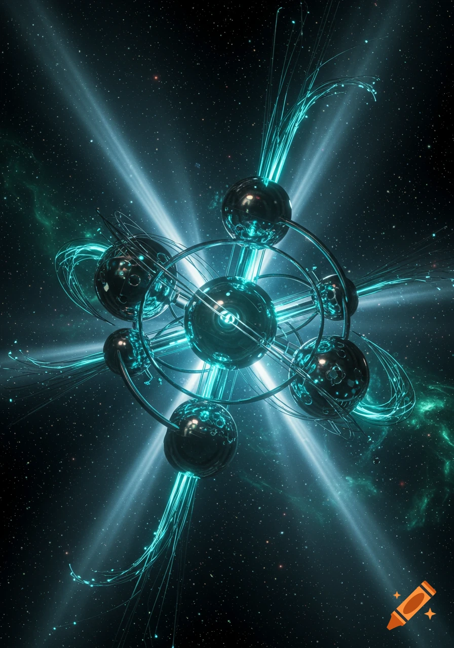 A glowing, complex abstract machine with metallic spheres, rings, and vibrant teal energy beams against a dark, starry space background with faint nebulas.