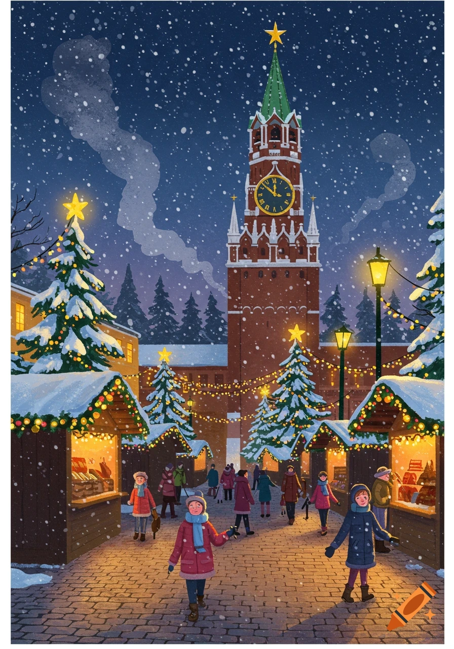 A charming illustration of a snowy winter night market with a tall clock tower, decorated Christmas trees, and people.