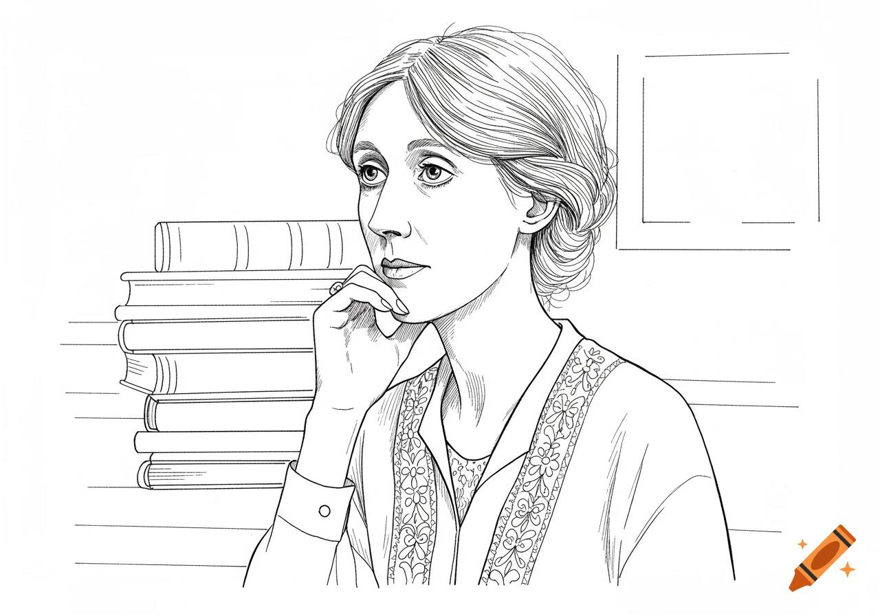 Black and white line drawing of Virginia Woolf looking pensive, with her chin resting on her hand, next to a stack of books.