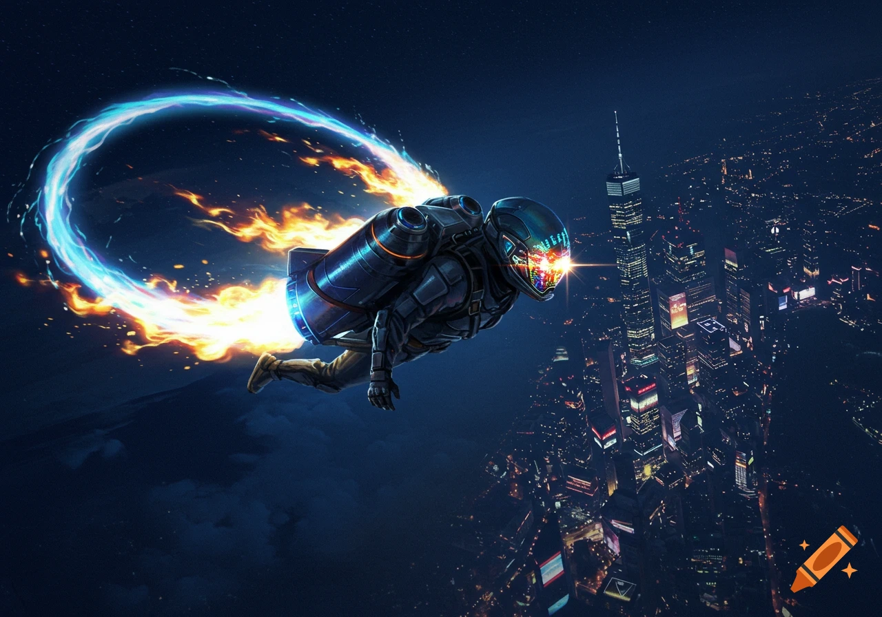 A futuristic person in a helmet and jetpack suit flies over a vast illuminated city at night, leaving a trail of blue light and flames.