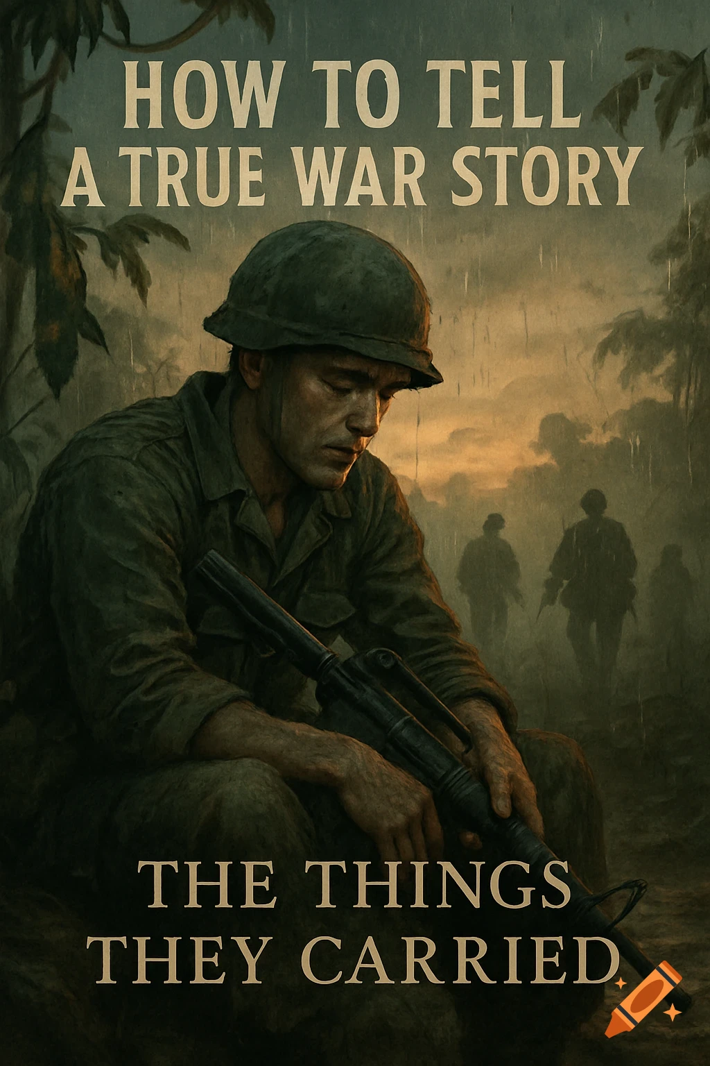 A somber painting of a soldier in a helmet, looking down and holding a rifle in a rainy jungle, with other soldiers in the misty background. Text: HOW TO TELL A TRUE WAR STORY and THE THINGS THEY CARRIED.