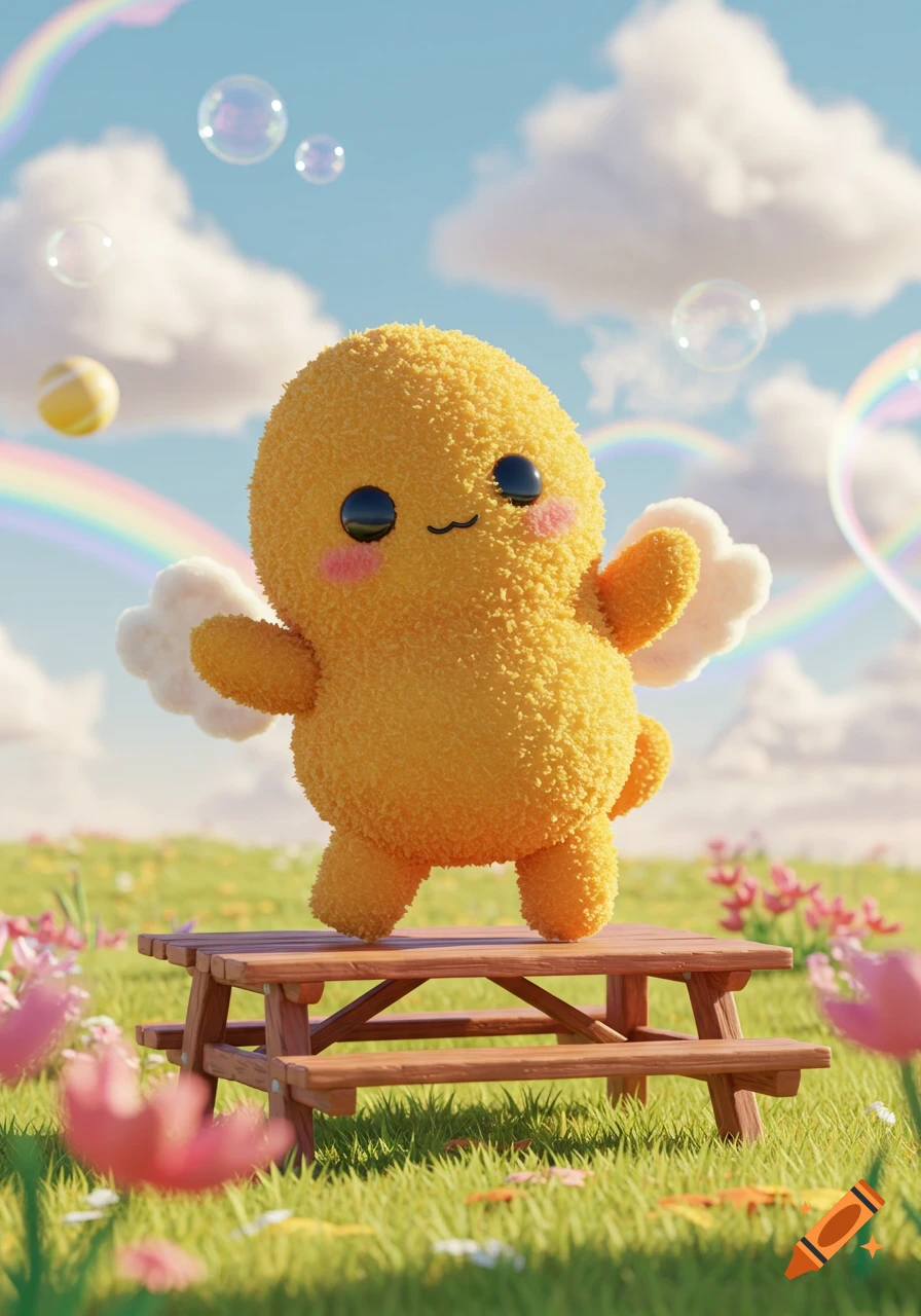 A fluffy yellow monster with small white wings and rosy cheeks stands on a picnic table in a sunny field with flowers, bubbles, and a rainbow.