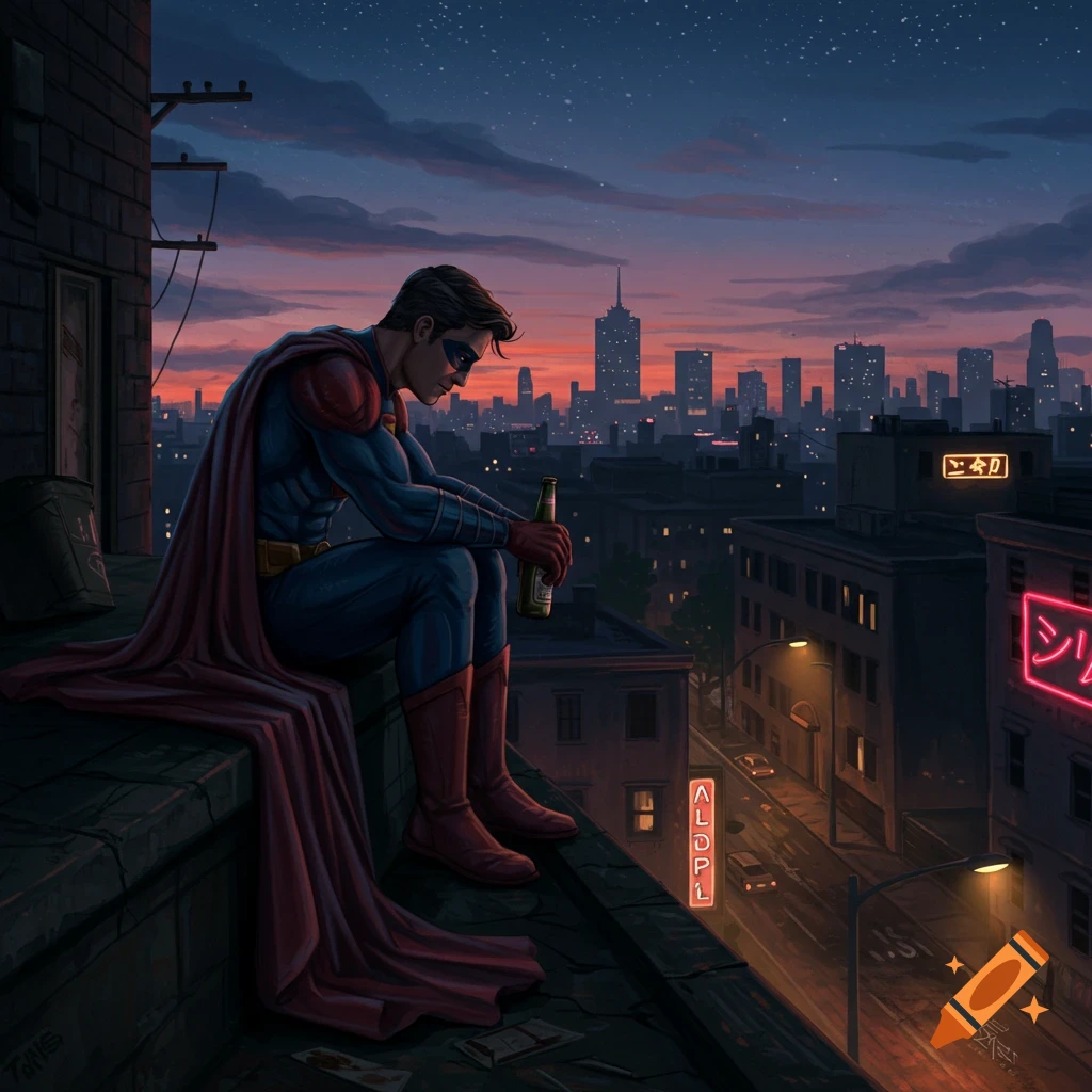 A sad superhero in a blue and red suit with a flowing cape sits on a city rooftop at dusk, holding a beer bottle, overlooking a cityscape with neon signs and skyscrapers. Digital art style.