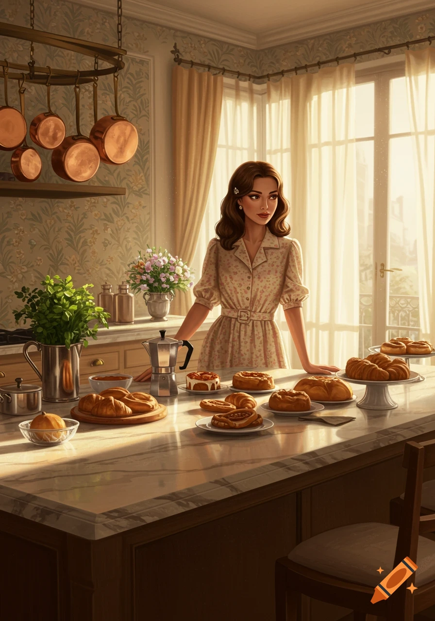 A woman in a floral dress stands in a sunlit, classic kitchen with a marble counter laden with croissants and pastries.