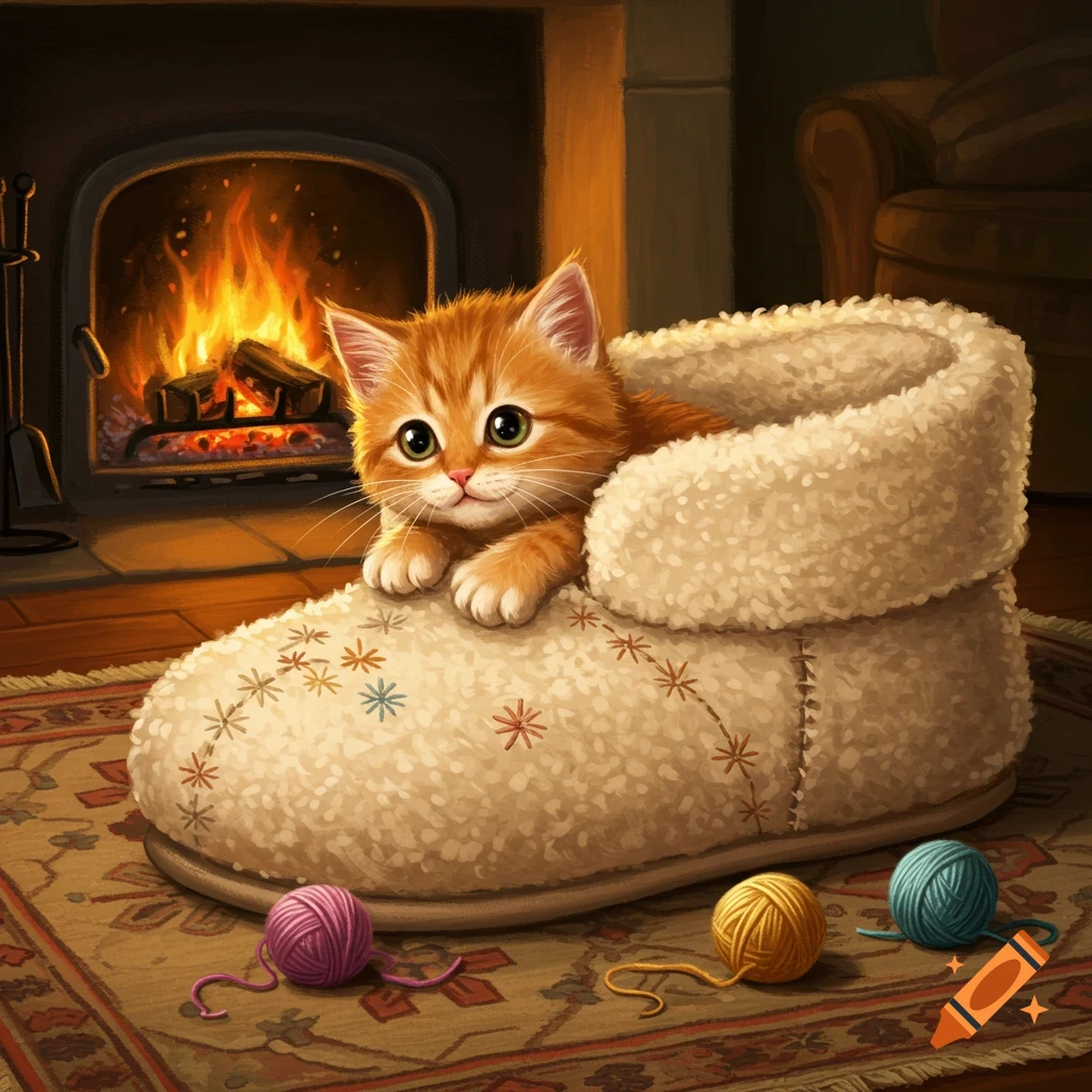 A fluffy ginger kitten is curled inside a cream-colored fuzzy slipper on a patterned rug, with a glowing fireplace in the background. Three balls of yarn are scattered on the rug. Illustration.