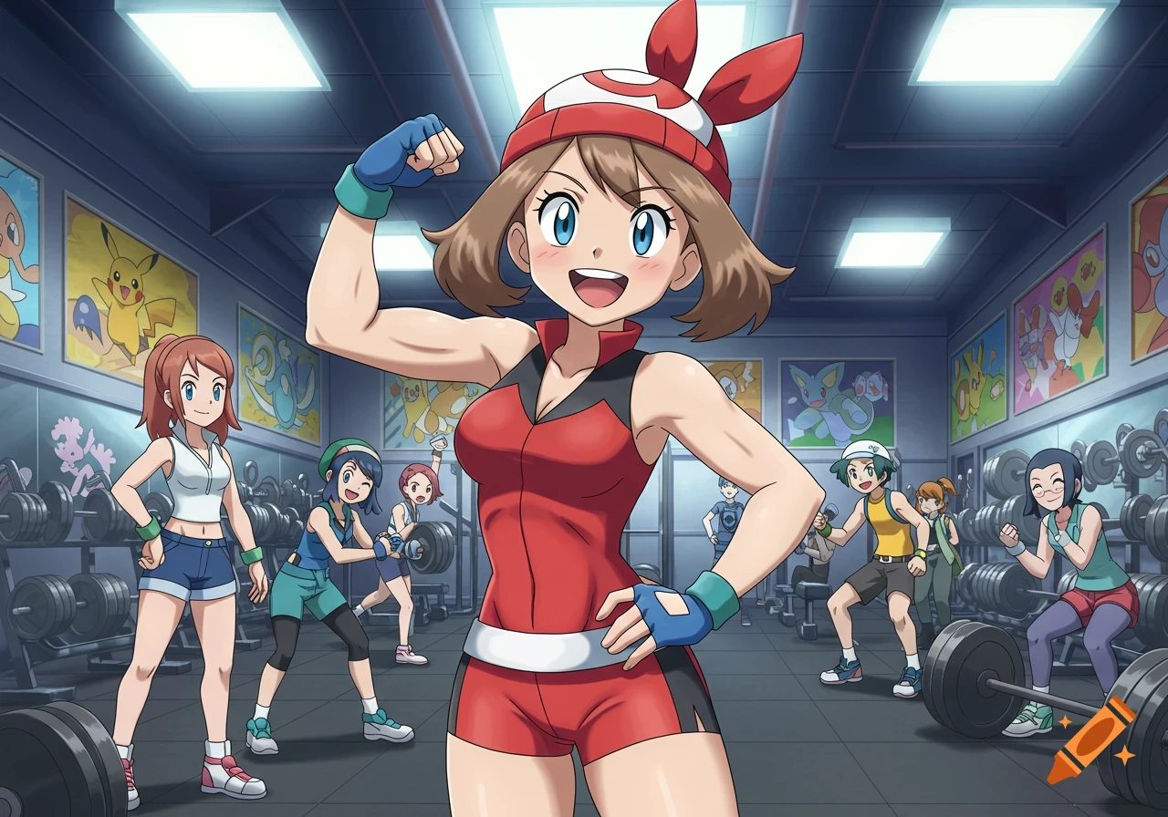 Anime illustration of Pok\u00e9mon's Champion May flexing in a gym with other trainers and Pok\u00e9mon posters.