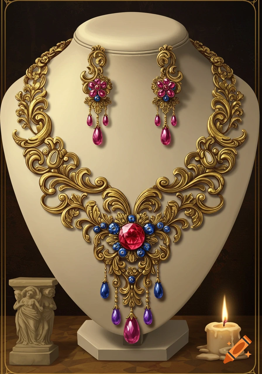 An ornate gold necklace and matching earrings, adorned with red, pink, blue, and purple gems, displayed on a stand beside a classical statue and a lit candle.