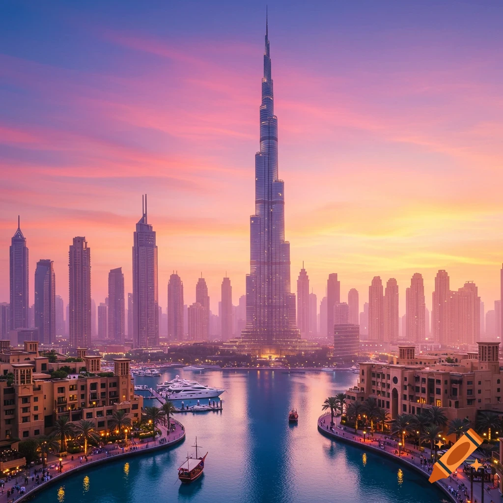 Photorealistic panoramic view of the Dubai skyline at sunset. Burj Khalifa towers over a canal with boats, surrounded by illuminated buildings and palm trees.