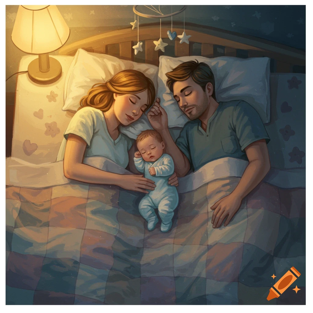 A heartwarming illustration of a mother, father, and baby sleeping peacefully together in a bed, illuminated by a warm bedside lamp.