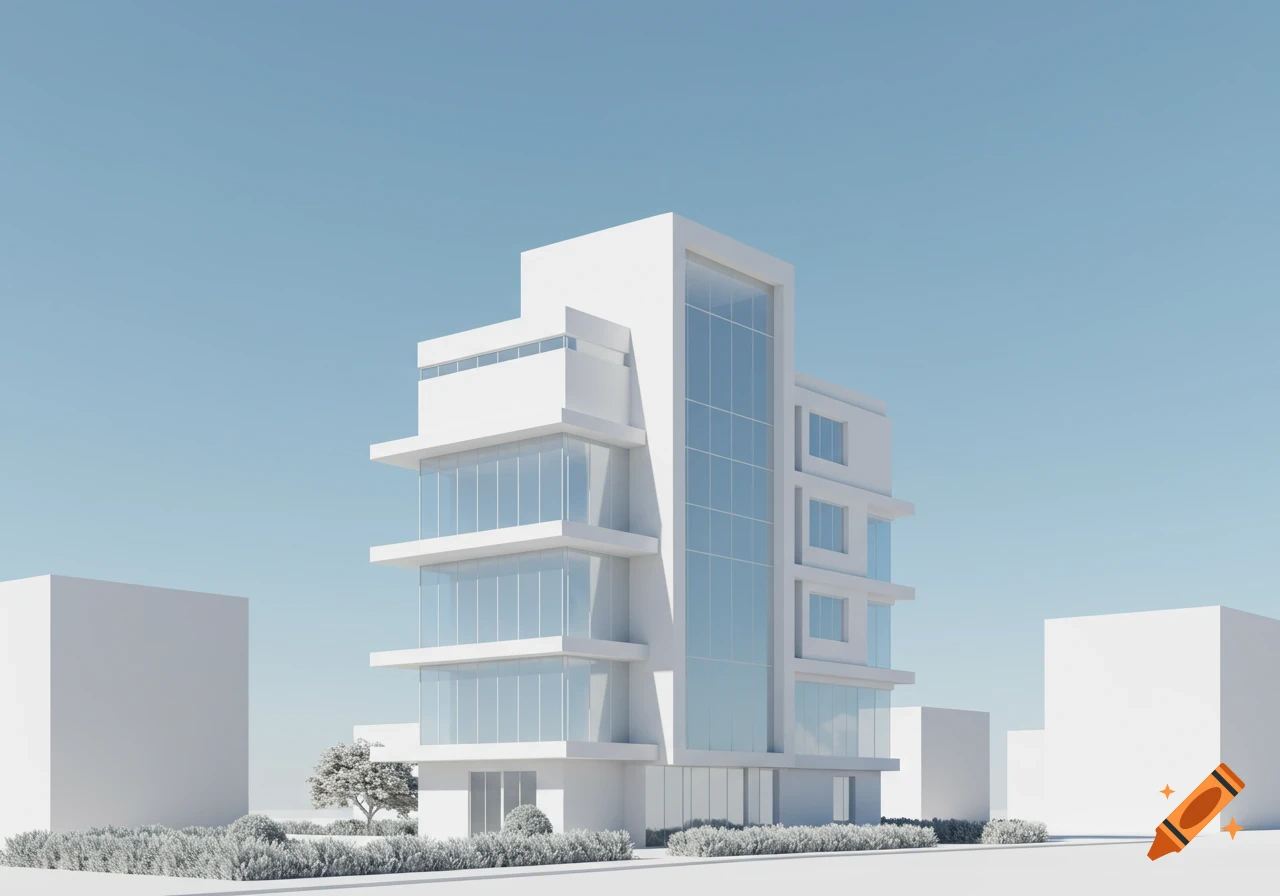 A stylized, minimalist white skyscraper with large glass windows and sparse landscaping under a clear blue sky.