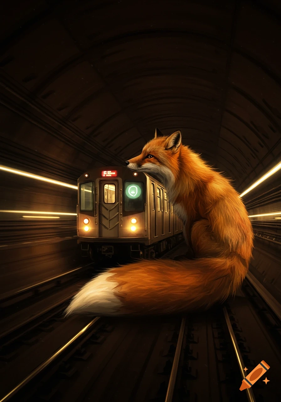 A fluffy orange fox with a white-tipped tail sits on dark subway tracks as a train approaches from a tunnel, digital art.