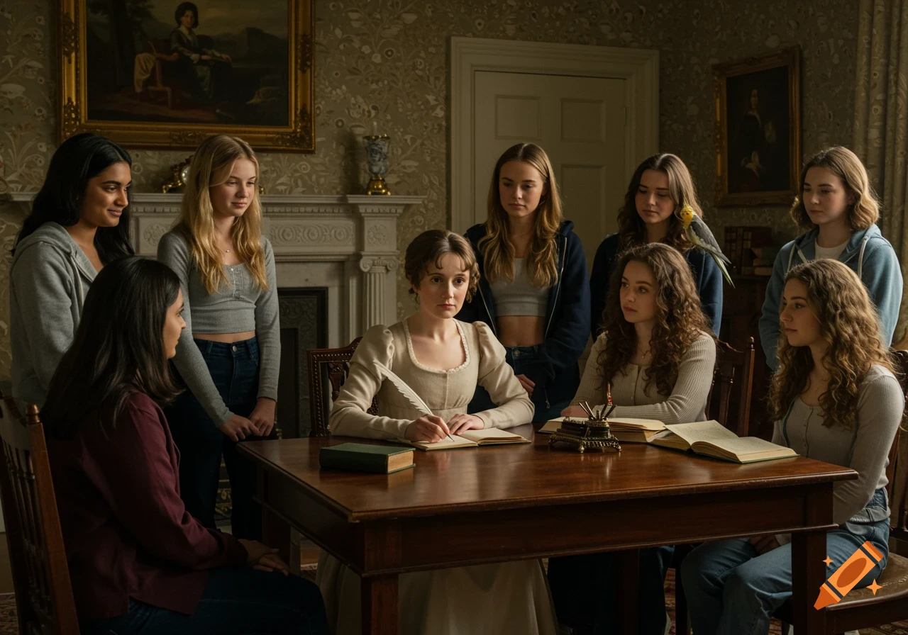 Jane Austen in a period dress writes at a table, surrounded by modern-dressed teenage girls in a well-decorated room. A cockatiel rests on one girl's shoulder.