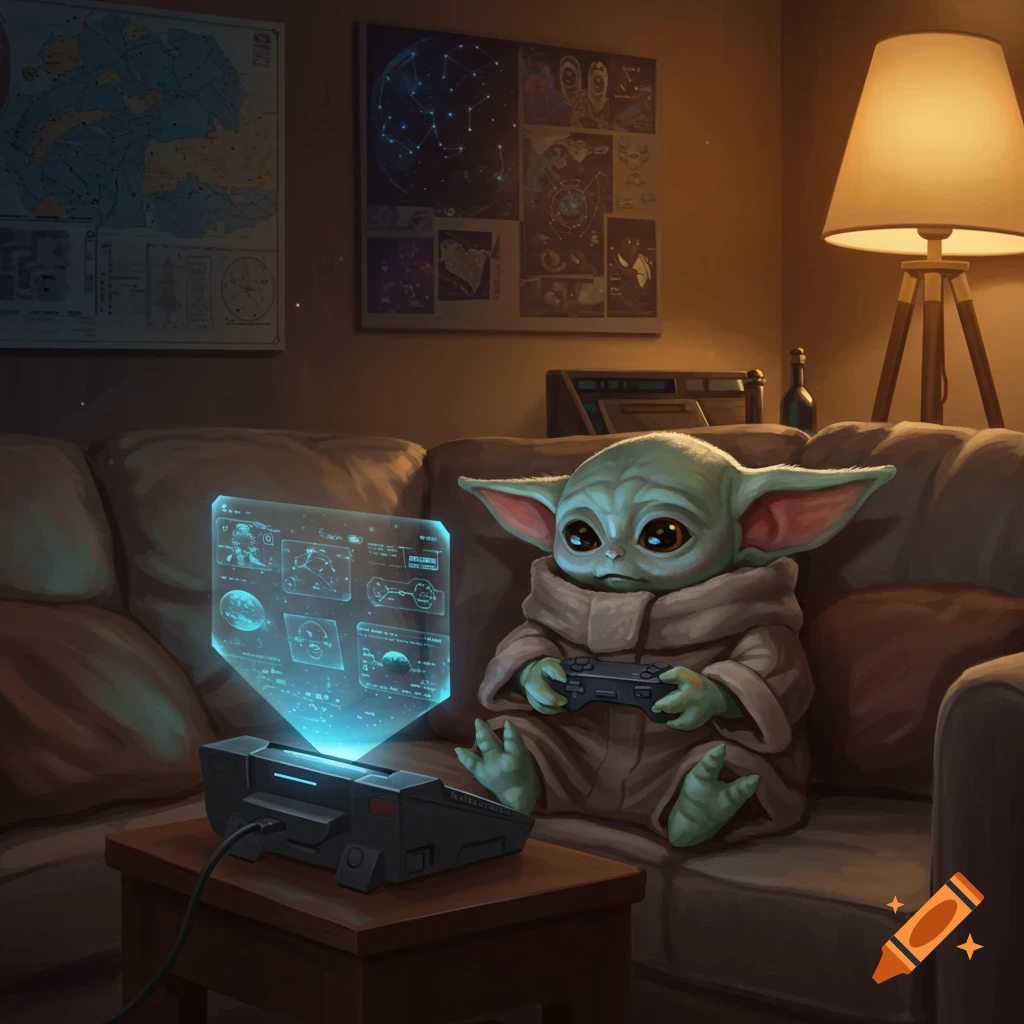 Grogu, in robes, sits on a sofa playing a video game with a controller, a glowing holographic screen displayed before him.