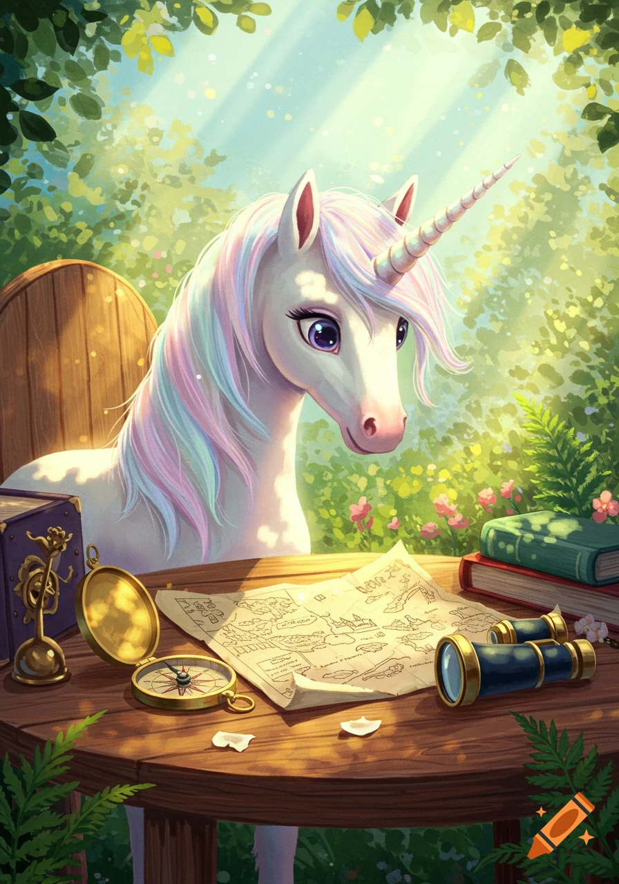 A white unicorn with a rainbow mane and horn looks down at a wooden table in a sunlit forest, where a map, compass, and binoculars are laid out. Illustration style.