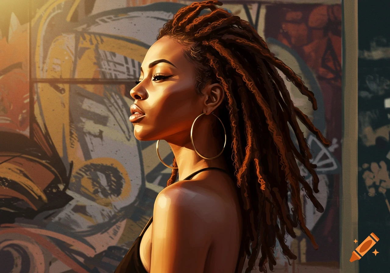 A stylized portrait of a Black woman with long dreadlocks and hoop earrings, bathed in golden light against a graffiti wall.