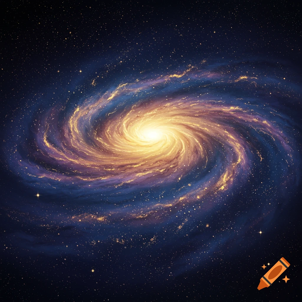 A vibrant spiral galaxy with a bright yellow core against a dark, star-filled cosmic background.