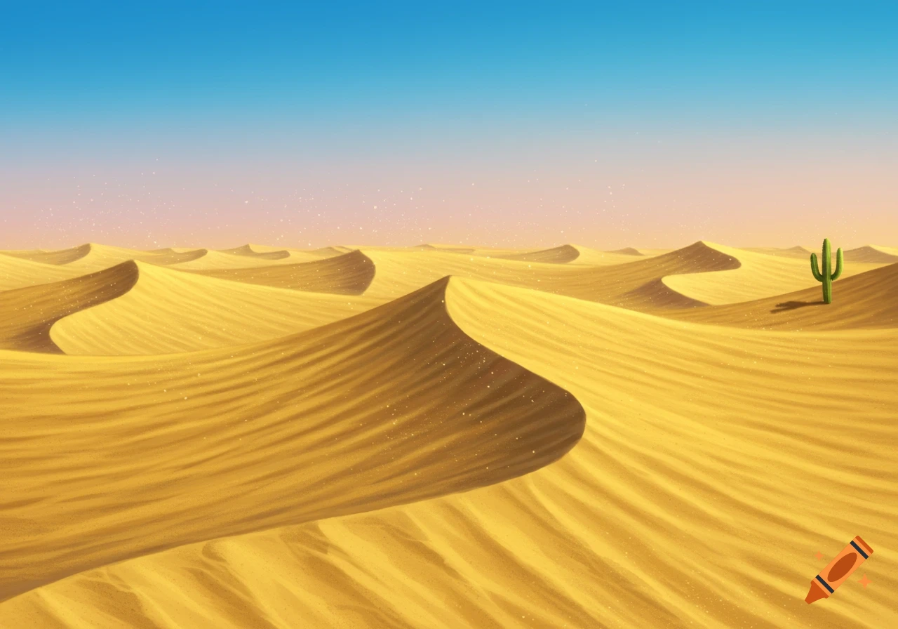 Stylized desert landscape with rolling sand dunes under a clear blue sky, featuring a single green cactus on the right.