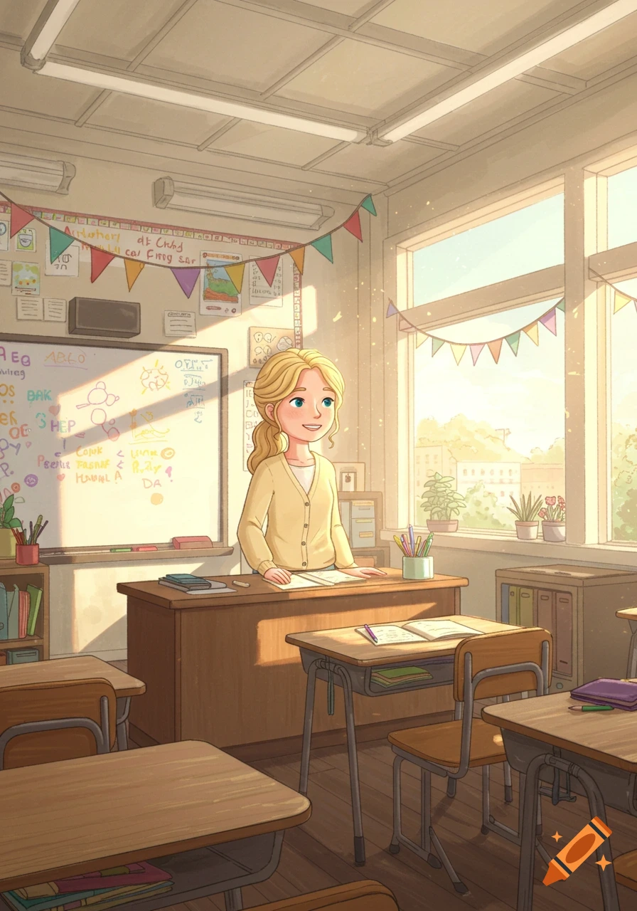 A blond female elementary school teacher stands smiling at her desk in a sunlit classroom, drawn in a cheerful cartoon style.