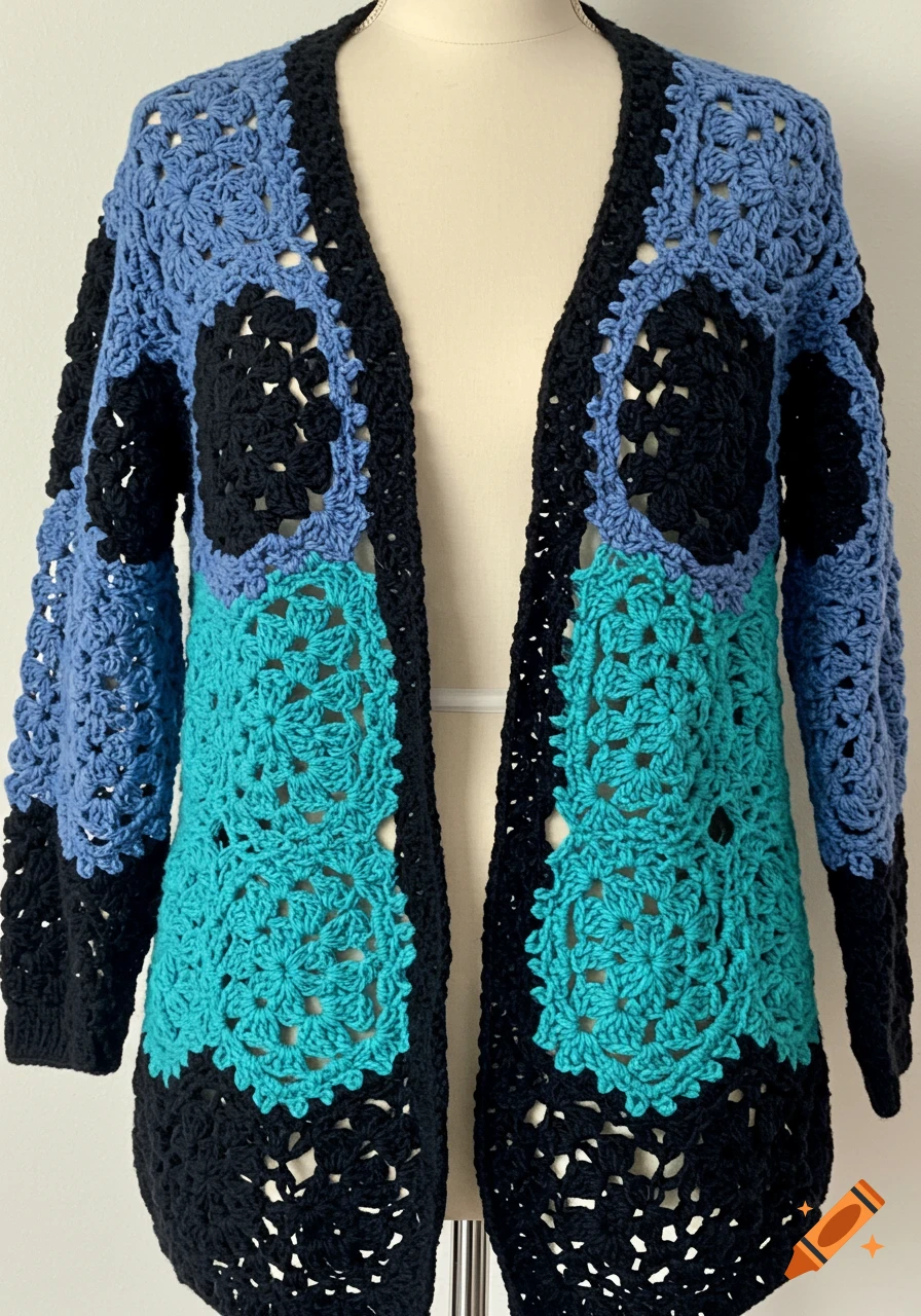 A multi-colored granny hexagon crocheted cardigan in shades of blue, teal, and black, displayed on a mannequin.