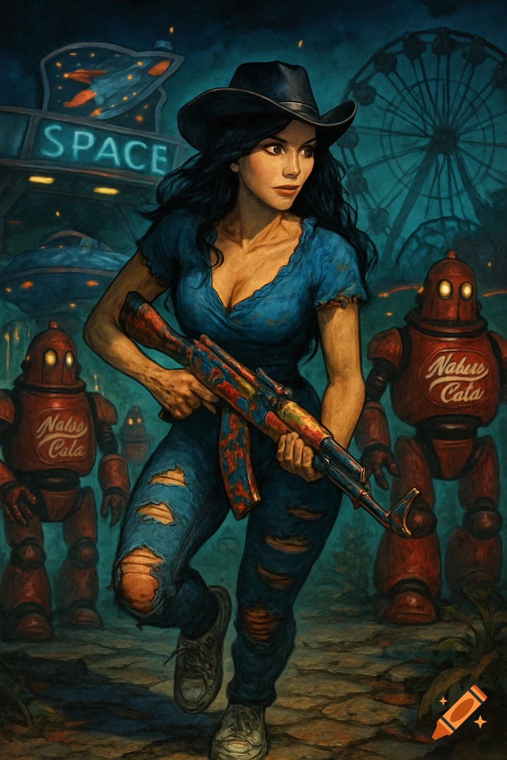 A cowgirl with a rifle runs through a ruined sci-fi amusement park with red robots, art style.