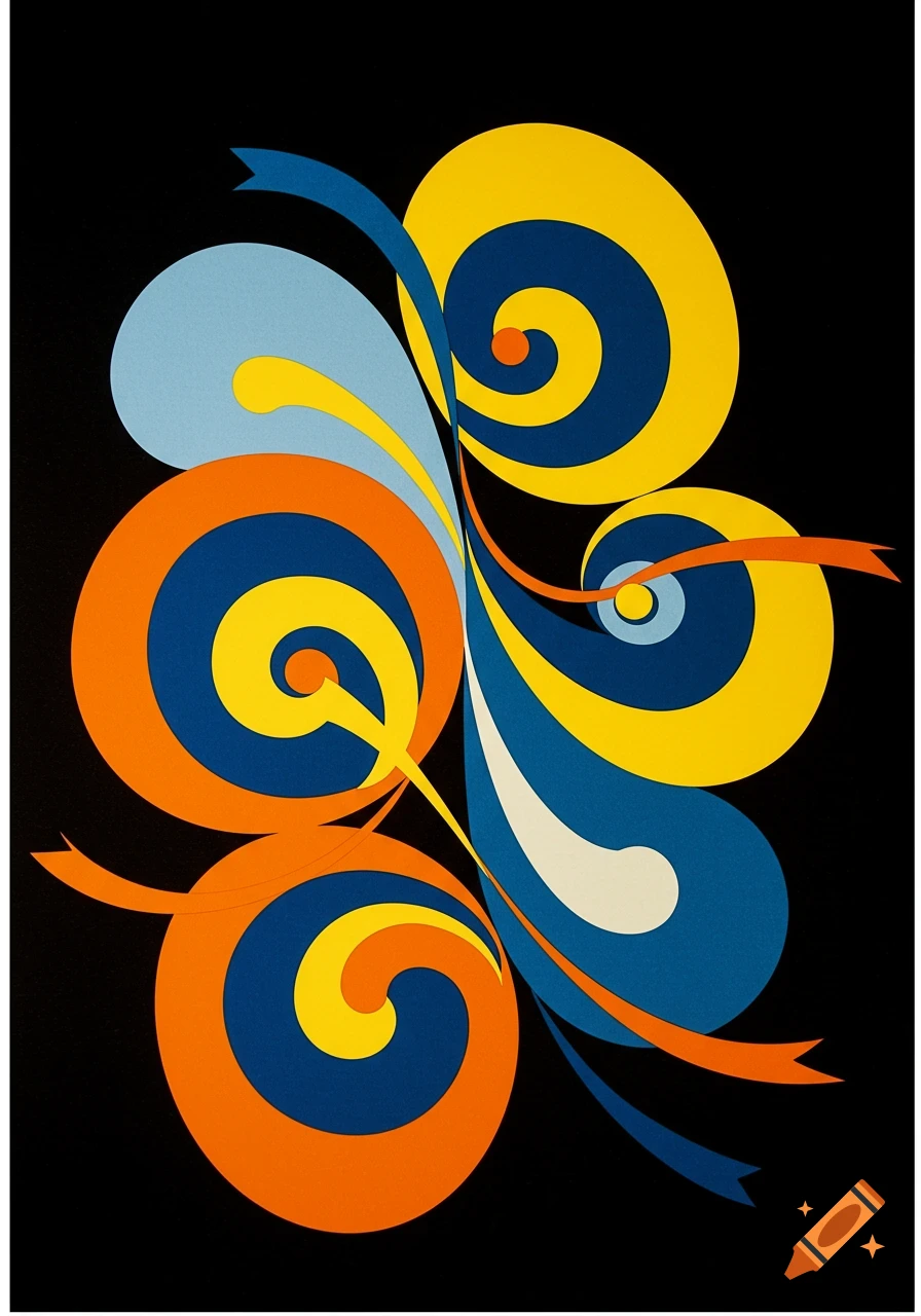 Abstract design with blue, orange, yellow, and light blue swirling shapes and ribbons on a black background in a retro style.