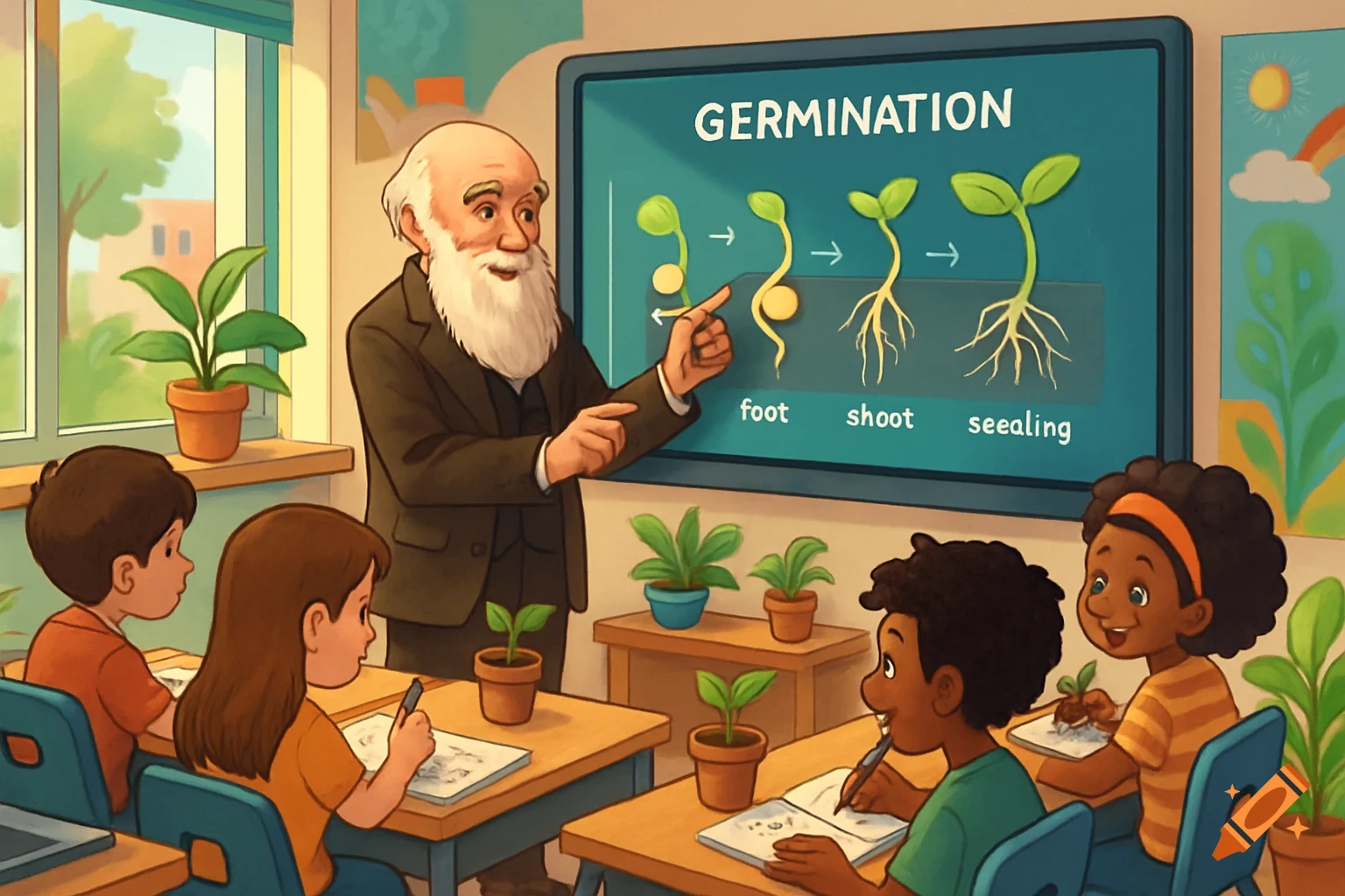An illustration of Charles Darwin teaching children about plant germination in a colorful classroom.