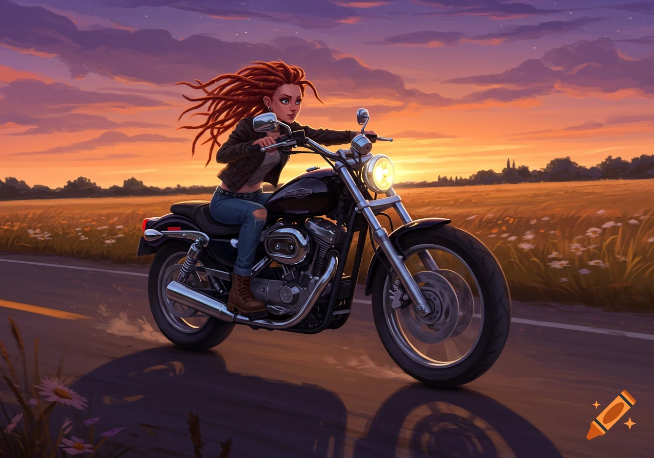 A young woman with flowing ginger dreadlocks rides a black motorcycle down a road at sunset, passing a field, in an illustration style.