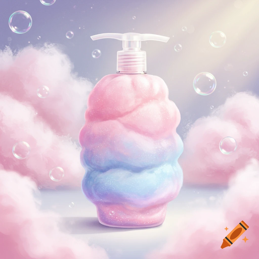 A whimsical bottle of lotion shaped like pastel pink and blue cotton candy, surrounded by bubbles and pink clouds.