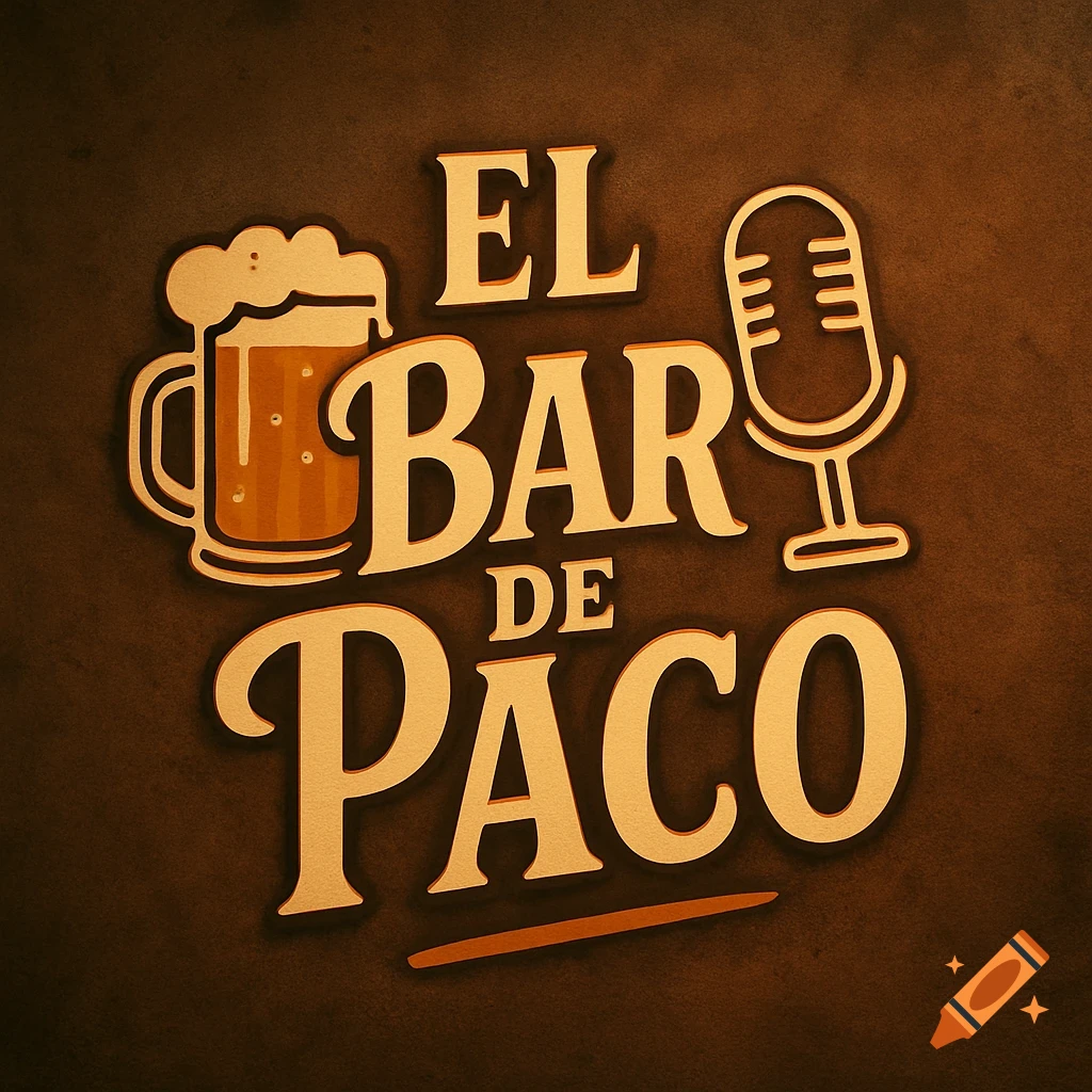 A stylized logo with "EL BAR DE PACO" text, a beer mug, and a microphone on a brown background.