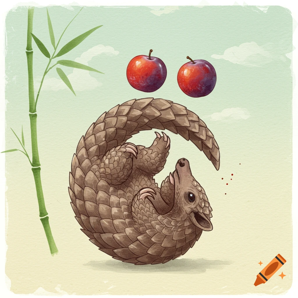 Watercolor drawing of an upside down pangolin with bamboo on the left and two plums floating above its head.
