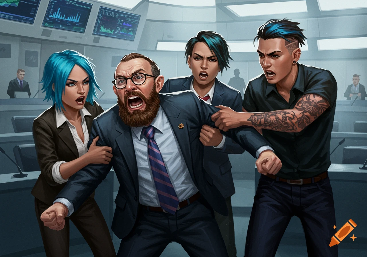An angry bearded man in a suit screams as two younger people with dyed hair and tattoos drag him from a caucus meeting, in a stylized illustration.