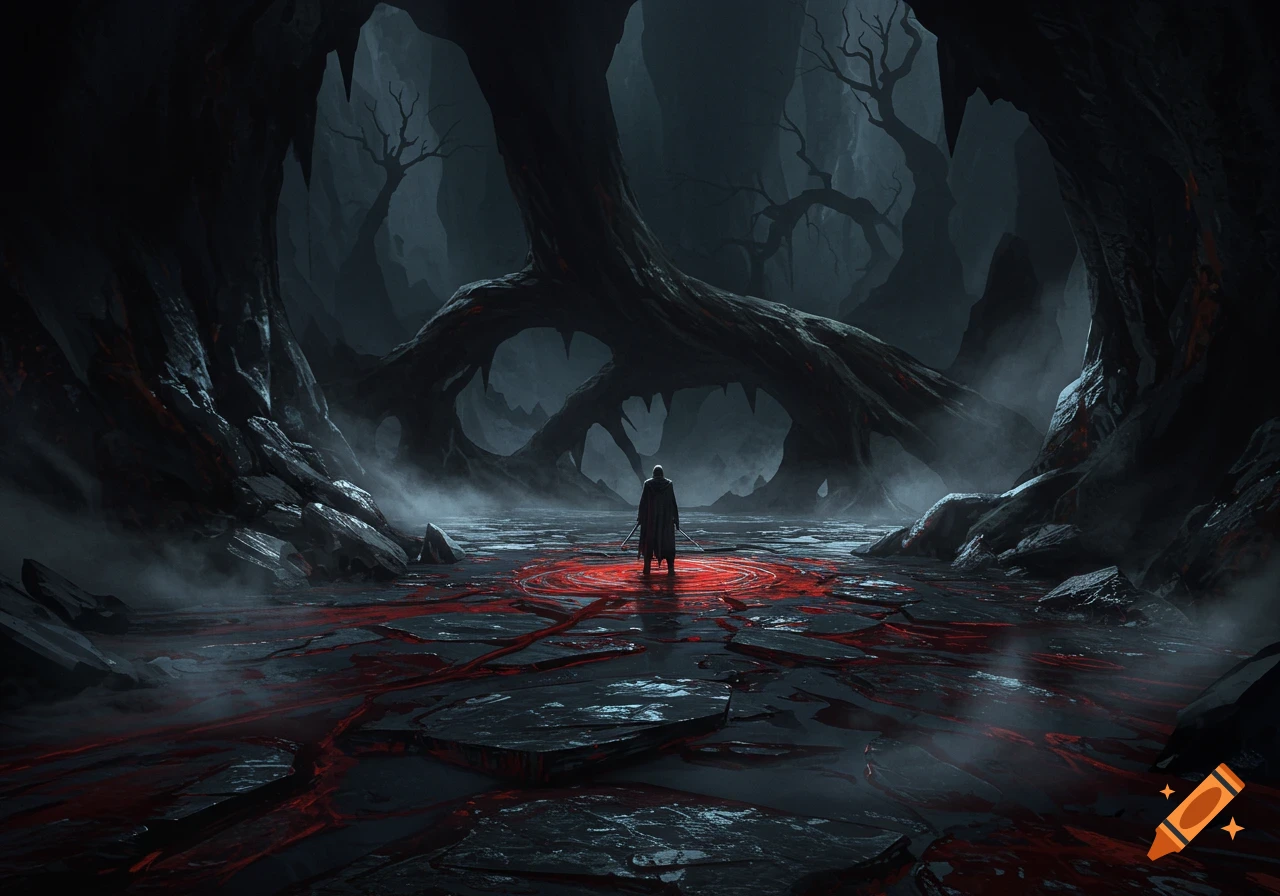 A lone cloaked figure stands on a cracked, blood-red and dark ground in an ominous, fog-filled cave with twisted trees.