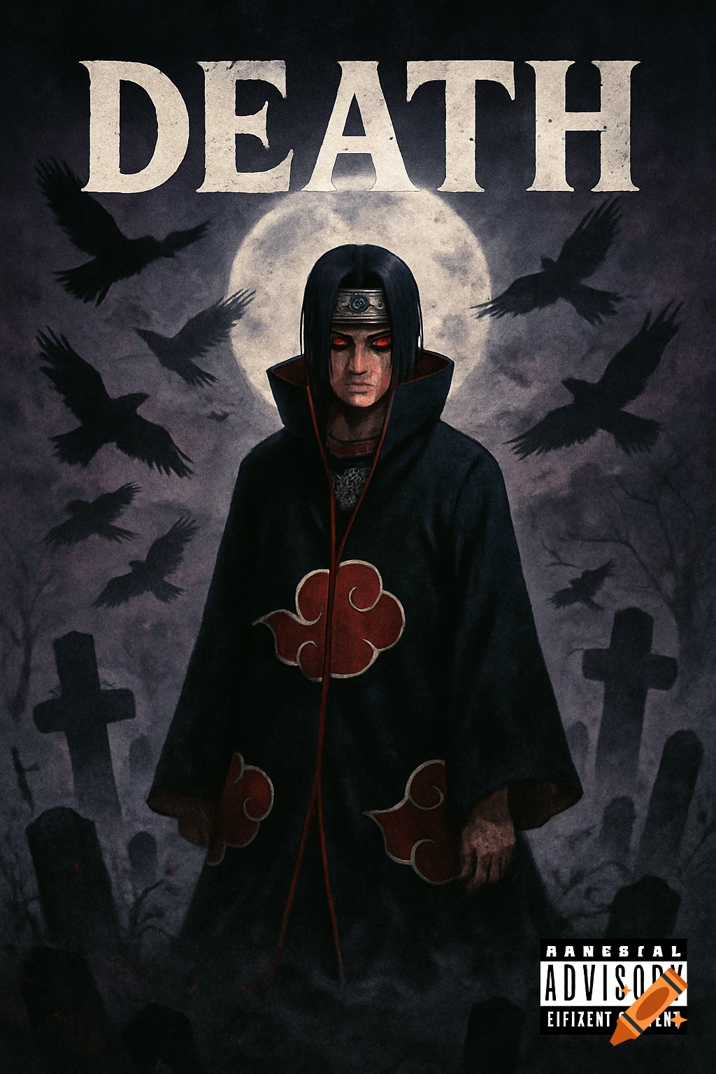 An anime-style album cover featuring Itachi Uchiha in a dark graveyard with ravens and a full moon, with 'DEATH' at the top and a Parental Advisory label at the bottom.