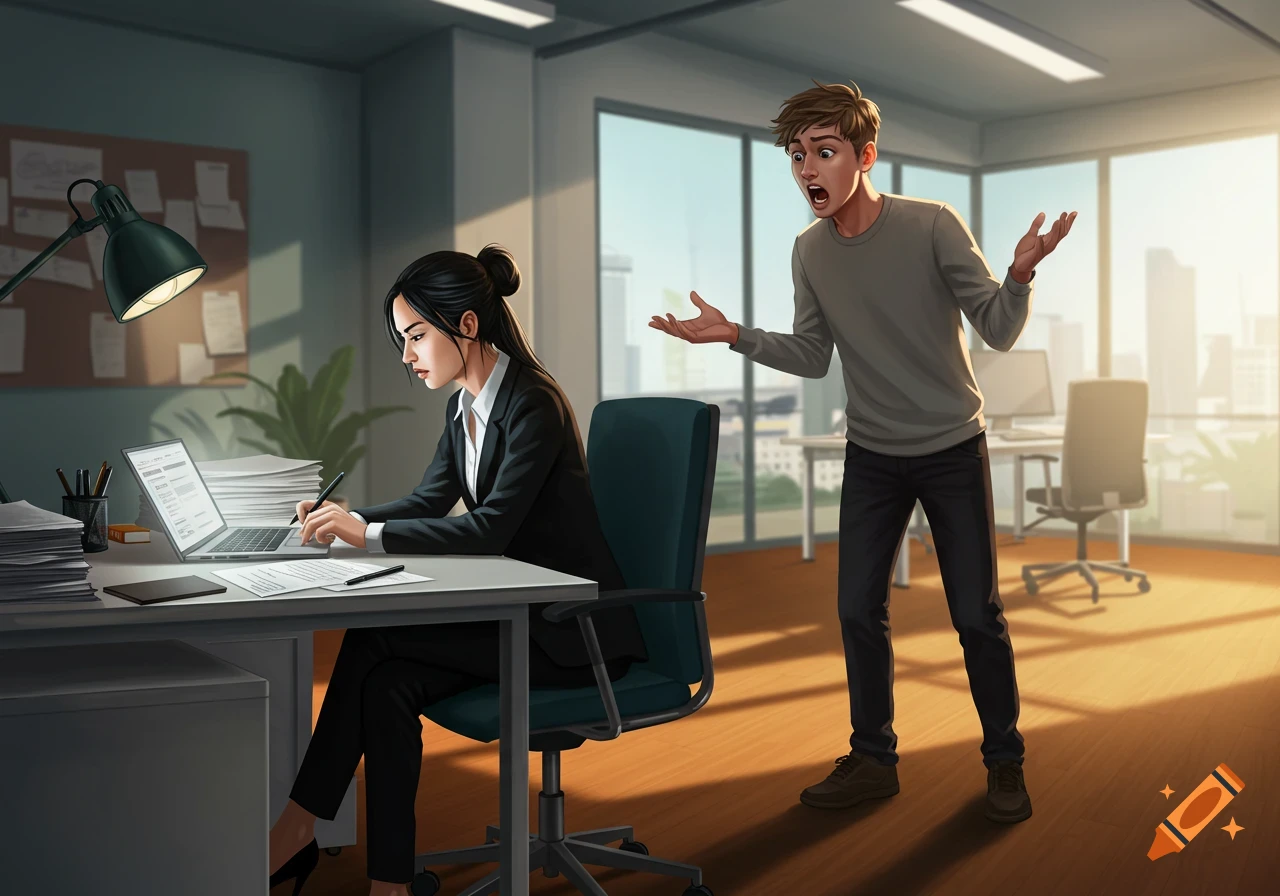 Illustration of a woman working at an office desk, ignoring a loudly talking man standing beside her.